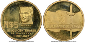 Republic gold Proof "Revolutionary Movement - 150th Anniversary" 5 Nuevos Pesos ND (1975)-So PR64 Cameo NGC, Santiago mint, KM65b. Mintage: 1,000. The...