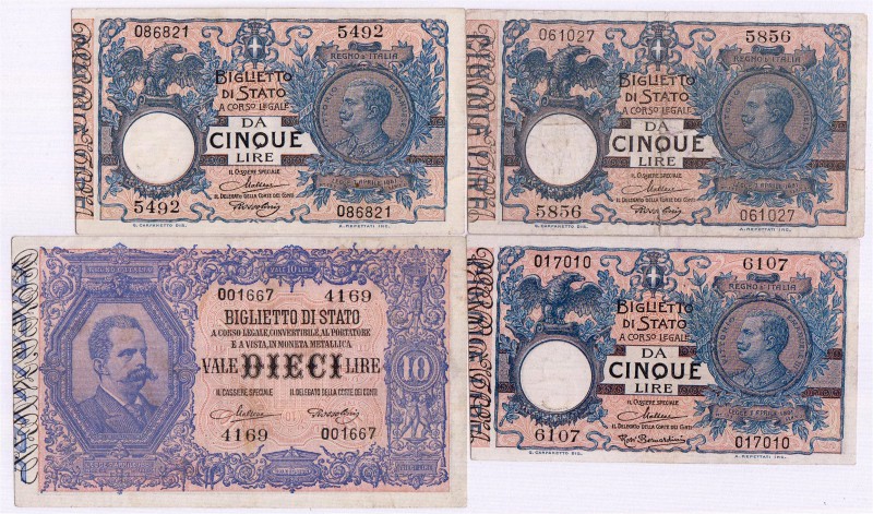 Banknoten Ausland Italien
4 Scheine: 10 Lire 5.2.1888, 3 X 5 Lire 19.10.1904.
...