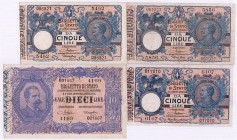 Banknoten Ausland Italien
4 Scheine: 10 Lire 5.2.1888, 3 X 5 Lire 19.10.1904.
II-III