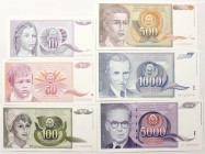 Banknoten Ausland Jugoslawien
6 Scheine: 10, 50, 100, 500, 1000, 5000 Dinar 1991. 2 X KN. AA.0000000.
I