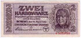 Banknoten Ausland Ukraine
3 Scheine: 2, 5, 50 Karbowanez Zentralbanknoten 10.3.1942. 2 Karbowanez sehr selten
I-II, II-, III