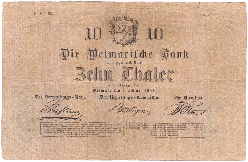 Banknoten Altdeutschland Sachsen-Weimar-Eisenach
10 Thaler 4.2.1854 III - IV, k...