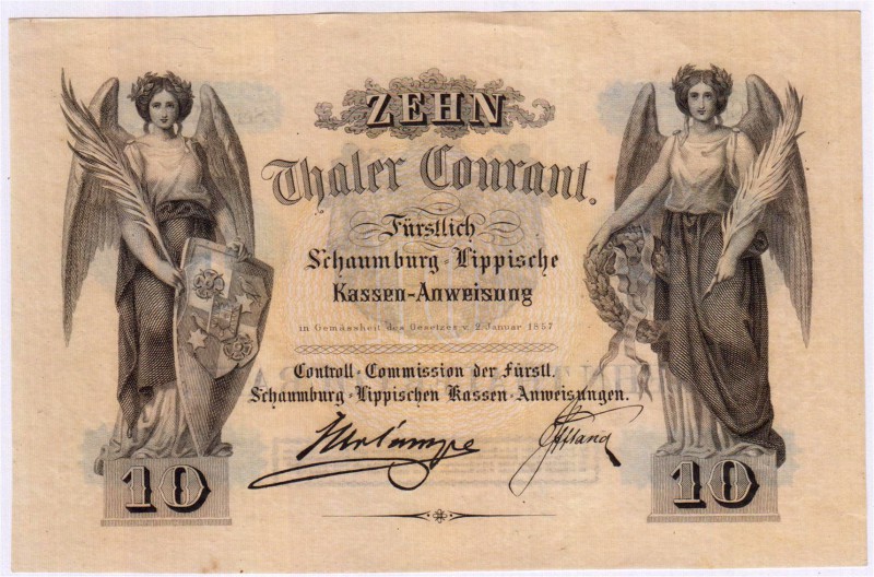 Banknoten Altdeutschland Schaumburg-Lippe
10 Thaler Courant v. 2.Januar 1857. F...