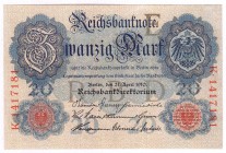 Banknoten Die deutschen Banknoten ab 1871 nach Rosenberg Deutsches Reich, 1871-1945
20 Reichsmark 21.4.1910. Mit Wasserzeichen. Buchst. E Serie K.
I...