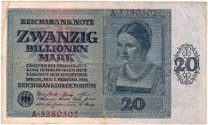 Banknoten Die deutschen Banknoten ab 1871 nach Rosenberg Deutsches Reich, 1871-1945
20 Billionen Mark 5.2.1924 Serie A.
III-IV, selten