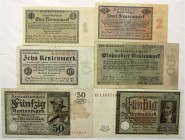 Banknoten Die deutschen Banknoten ab 1871 nach Rosenberg Deutsches Reich, 1871-1945
6 verschiedene seltene Rentenmarkscheine: 1, 2, 10 und 100 Mark 1...