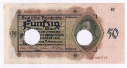 Banknoten Die deutschen Banknoten ab 1871 nach Rosenberg Deutsches Reich, 1871-1945 Länderbanknoten, 1874-1925
50 Reichsmark Badische Bank 11.10.1924...
