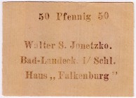 Banknoten Deutsches Notgeld und KGL Bad Landeck
Walter S. Jonetzko, Haus "Falkenburg": 50 Pf. ohne Datum.
II