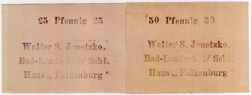 Banknoten Deutsches Notgeld und KGL Bad Landeck
2 Scheine: Walter S. Jonetzko H...