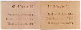 Banknoten Deutsches Notgeld und KGL Bad Landeck
2 Scheine: Walter S. Jonetzko Haus "Falkenberg" 25 und 50 Pfg. ohne Datum.
I-II
