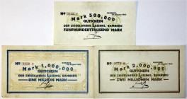 Banknoten Deutsches Notgeld und KGL Bamberg
Ziegelwerke Lessing, 3 Scheine: 500 Tsd., 1, 2 Mio Mark 23.8.1923.
II-III