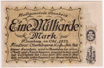 Banknoten Deutsches Notgeld und KGL Bamberg
Stadt, 1 Mrd. Mark, Oktober 1923. Wappen in Schwarzdruck ohne Ktr.-Nr., Probedruck.
I-II