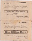 Banknoten Deutsches Notgeld und KGL Bautzen
2 X 1 Mio. Mark (Wertzeile 95 u. 111 mm), 20.8. 1923. Schecks auf Städte -und Staatsbank der Oberlausitz....