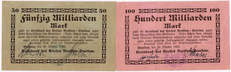 Banknoten Deutsches Notgeld und KGL Beeskow (Brandenburg)
Kreisbank, 2 Scheine:...