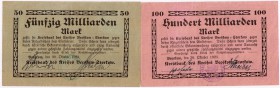 Banknoten Deutsches Notgeld und KGL Beeskow (Brandenburg)
Kreisbank, 2 Scheine: 50, 100 Mrd. Mark 30.10.1923.
II