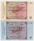 Banknoten Deutsches Notgeld und KGL Berlin
2 Muster-Paß-Schecks zu 50 und 100 Reichsmark der Deutschen Bank Berlin. Hersteller und Wz. Giesecke & Dev...