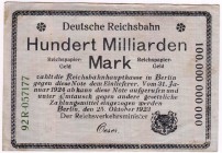 Banknoten Deutsches Notgeld und KGL Berlin
Deutsche Reichsbahn 100 Mrd. Mark mit sächsischem Wappen 25.10.1923 bis 31.1.1924. Fälschung.
III