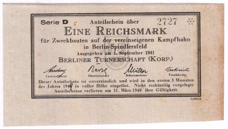 Banknoten Deutsches Notgeld und KGL Berlin
1 Reichsmark 1.9.1941. Berliner Turn...