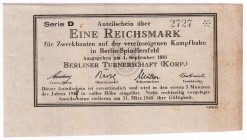 Banknoten Deutsches Notgeld und KGL Berlin
1 Reichsmark 1.9.1941. Berliner Turnschaft (Korp.), Berlin-Spindlersfeld.
II