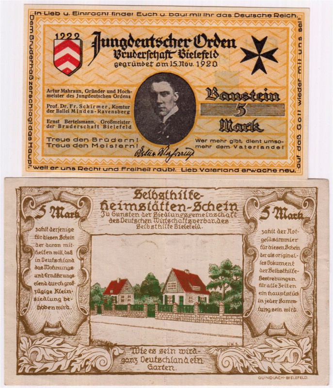 Banknoten Deutsches Notgeld und KGL Bielefeld
2 Scheine: 5 Mark Jungdeutscher O...