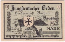 Banknoten Deutsches Notgeld und KGL Bochum
5 Mark, Jungdeutscher Orden, Bruderschaft Bochum. II-III, kleiner Riss