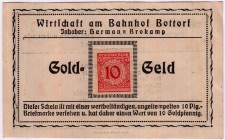Banknoten Deutsches Notgeld und KGL Bottorf (Niedersachsen)
Wirtschaft am Bahnhof, Hermann Brokamp. 10 Goldpfennig o.J. mit 10 Pf. Briefmarke.
II, ä...