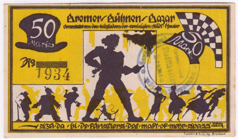 Banknoten Deutsches Notgeld und KGL Bremen
50 Mark, Bremer Bühnen Bazar,15.-16....
