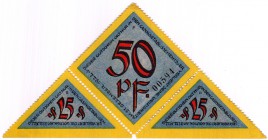 Banknoten Deutsches Notgeld und KGL Bremen
Dreiecks-Schein, Casino, ohne Datum-31.12. 1922. Je 2 X 25 Pf und 50 Pf. hängen im Dreieck zusammen.
I-II...