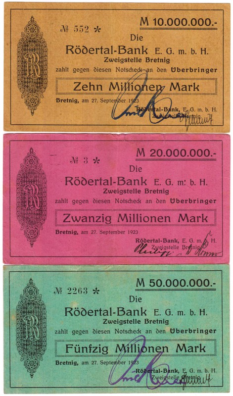 Banknoten Deutsches Notgeld und KGL Bretnig (Sachsen)
Rödertal-Bank e.G.m.b.H.,...