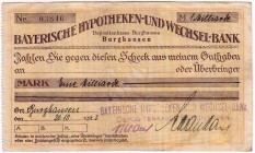 Banknoten Deutsches Notgeld und KGL Burghausen
Bayerische Hypotheken- und Wechsel- Bank Depositenkasse. 1 Mrd. Mark 23.10.1923, Eigenscheck.
III