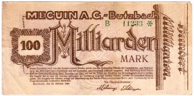 Banknoten Deutsches Notgeld und KGL Butzbach
Meguin A.G., 7 Scheine: 1, 2, 3 Mio. Mark 15.8.23-1.10.23. 3, 5 Mio. Mark 1.9.23-1.11.23. 50 Mrd. Mark S...