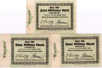 Banknoten Deutsches Notgeld und KGL Cassel
Reichsbahndirektion Cassel. 2 X 1 Mio. Mark, 1 X 2 Mio. Mark mit N vor KN für Nordhausen.
III