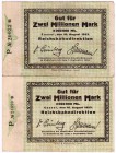 Banknoten Deutsches Notgeld und KGL Cassel
Reichsbahndirektion Cassel. 2 X 2 Mio. Mark mit P vor KN. für Paderborn.
III
