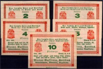Banknoten Deutsches Notgeld und KGL Cottbus
Victor Bassitta, 5 Scheine: 2 Pf., 3 Pf., 4 Pf., 5 Pf. (mit "!") und 10 Pf. 1921.
I-II