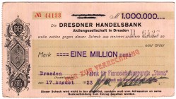 Banknoten Deutsches Notgeld und KGL Dresden
Fabrik für Pianoeinbauapparate "Stems" G.m.b.H. 1 Mio. Mark 17.8.1923 Postkartenscheck auf Dresdner Hande...