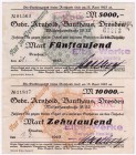Banknoten Deutsches Notgeld und KGL Dresden
Elbe-Werke Hermann Haelbig AG. 5 Tsd. Mark 21.2.23 - 15.4.23,10 Tsd. Mark 1.3.23. Schechs auf Gebr. Arnho...