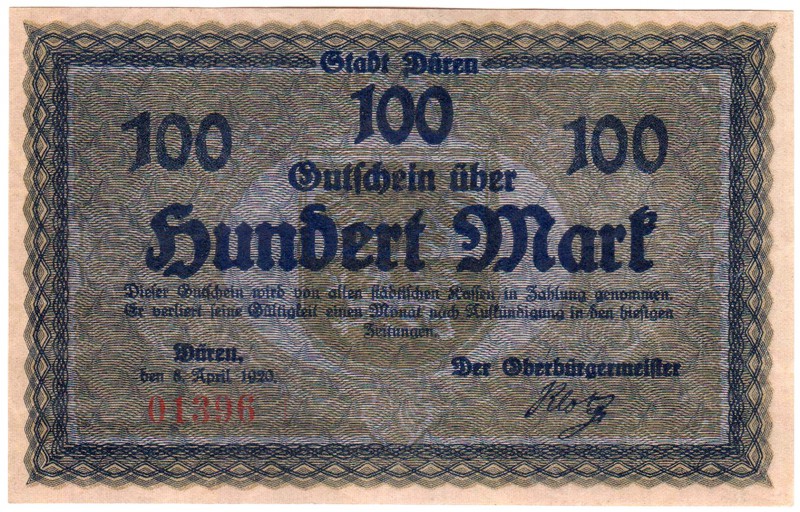 Banknoten Deutsches Notgeld und KGL Düren
100 Mark Stadt, 8.4.1920. Rv. Stempel...