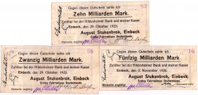Banknoten Deutsches Notgeld und KGL Einbeck
August Stukenbrock. Erstes Fahrradhaus Deutschlands. 3 Scheine: 10, 20, 50 Mrd. Mark 29.10.1923. Gedruckt...