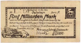 Banknoten Deutsches Notgeld und KGL Eisenach
Fahrzeugfabrik Zweigniederlassung der Gothaer Waggonfabrik AG. in Gotha 5 Mrd. Mark 25.10.1923-10.11.192...