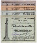 Banknoten Deutsches Notgeld und KGL Engen
Hegauer Steinfabrik, Inhaber Kommerzienrath Gusta Prym. 4 Scheine: 500 Tsd., 1, 2, 10 Mio. Mark, 2 X 25.8.2...