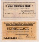 Banknoten Deutsches Notgeld und KGL Fockendorf
Simonius´sche Cellulosefabriken A.-G. Abt. Papierfabrik. 2 Mio. Mark 14.8.1923 - 1.11.1923, 5 Mio Mark...