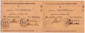 Banknoten Deutsches Notgeld und KGL Frankenstein
Stadt, 2 X 5 Mrd. Mark, Oktober 1923 (oberster Zeile " Die" und "D_ie").
II