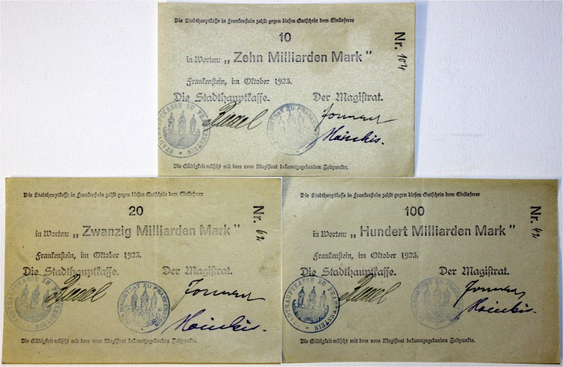 Banknoten Deutsches Notgeld und KGL Frankenstein
Stadt.10, 20, 100 Mrd. Mark, O...