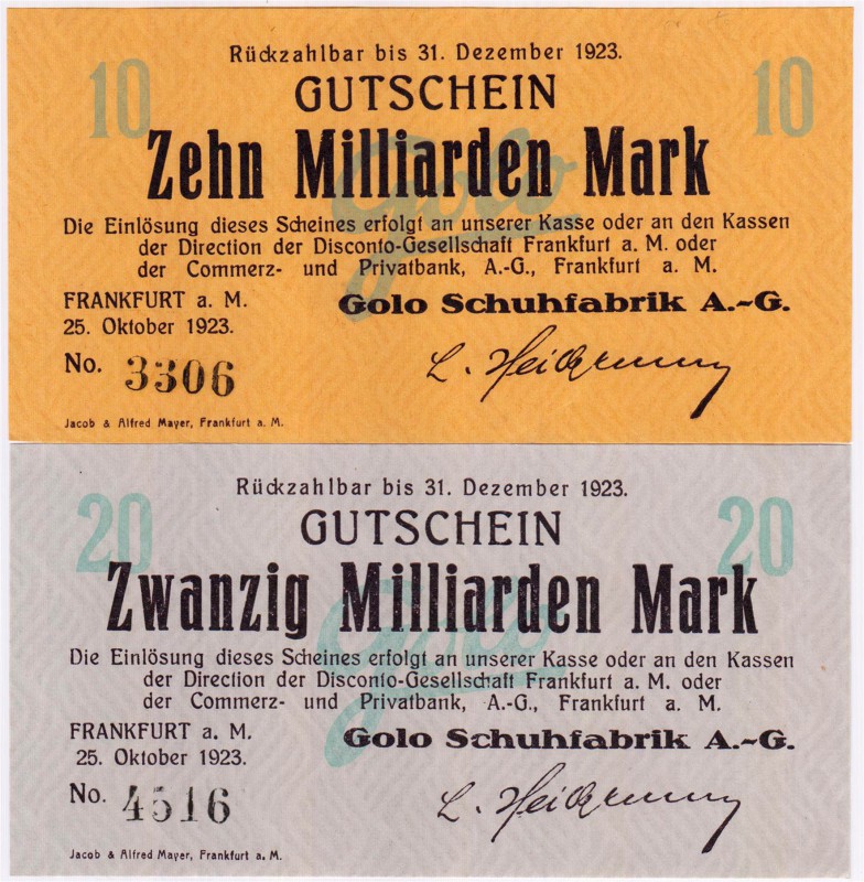 Banknoten Deutsches Notgeld und KGL Frankfurt/Main
Golo Schuhfabrik A.-G. 10, 2...