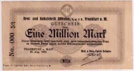 Banknoten Deutsches Notgeld und KGL Frankfurt/Main
Brot- und Keksfabrik Osthafen GmbH. 1 Mio. Mark 25.8. 1923. Rückseite Stempel.
I-II