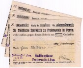 Banknoten Deutsches Notgeld und KGL Freienwalde
Stadthauptkasse 1.9. 1923. 3 Scheine: 1, 2, 3 Mio. Mark, Schecks auf Städtische Sparkasse.
III, entw...