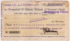 Banknoten Deutsches Notgeld und KGL Freyung
Freyung V. W., Bankgeschäf A. Asbeck, Fischach, J. Weiskopf´s Nachf. 10 Mio. Mark 3.9.1923.
III-IV