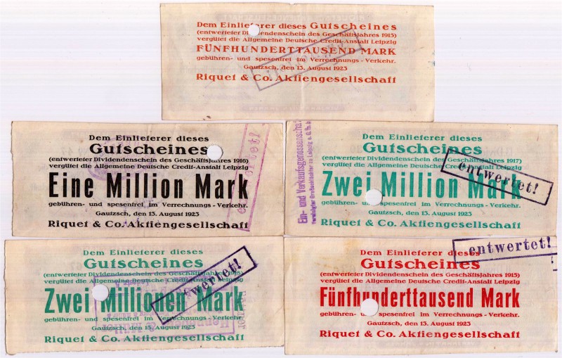 Banknoten Deutsches Notgeld und KGL Gautzsch-Leipzig
Riquet & Co. A.G. 5 versch...
