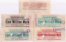 Banknoten Deutsches Notgeld und KGL Gautzsch-Leipzig
Riquet & Co. A.G. 5 versch. Werte von 13.8.1923, gedruckt auf der Rückseite eines entwerteten Di...
