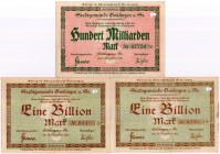 Banknoten Deutsches Notgeld und KGL Geislingen
Gemeinde, 3 Scheine: 100 Mrd. Mark 8.11.1923, 2 X 1 Bio. Mark,14.11.1923 (mit u. ohne "den Betrag von"...